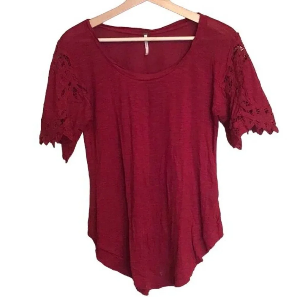 Free People Mallary's Battenburg Raspberry Lace Sleeve Top